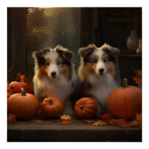 Rough Collie Puppy Autumn Delight Pumpkin Poster