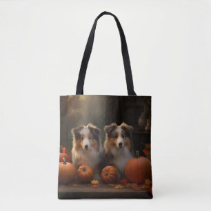Rough Collie Puppy Autumn Delight Pumpkin Tote Bag