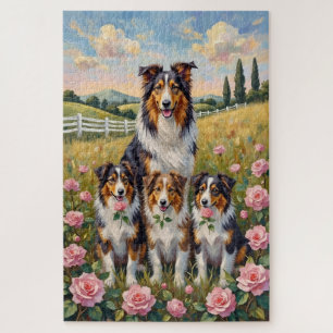 Rough Collie Rose Meadow Art Jigsaw Puzzle
