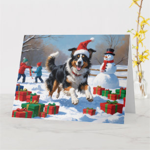 Rough Collie Running in Snow with Christmas Hat Card