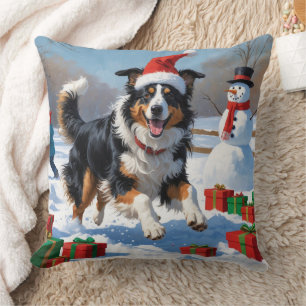 Rough Collie Running in Snow with Christmas Hat Cushion