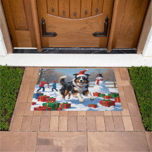Rough Collie Running in Snow with Christmas Hat Doormat