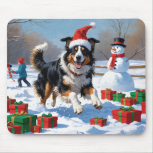 Rough Collie Running in Snow with Christmas Hat Mouse Pad