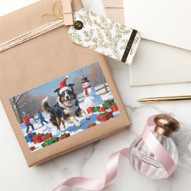 Rough Collie Running in Snow with Christmas Hat Rectangular Sticker (Gifting)