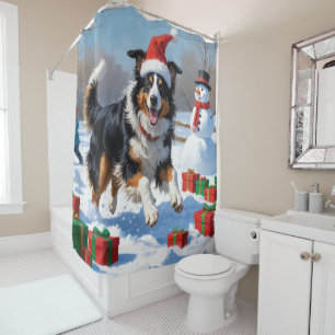 Rough Collie Running in Snow with Christmas Hat Shower Curtain