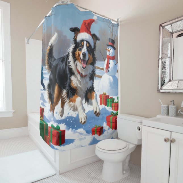 Rough Collie Running in Snow with Christmas Hat Shower Curtain (In Situ)