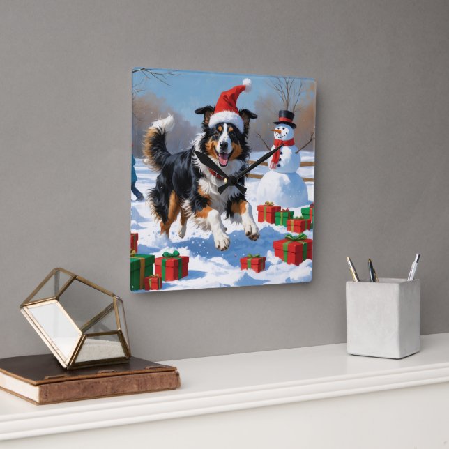 Rough Collie Running in Snow with Christmas Hat Square Wall Clock (Office)