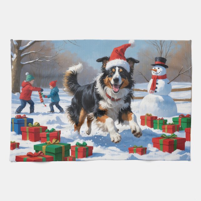 Rough Collie Running in Snow with Christmas Hat Tea Towel (Horizontal)