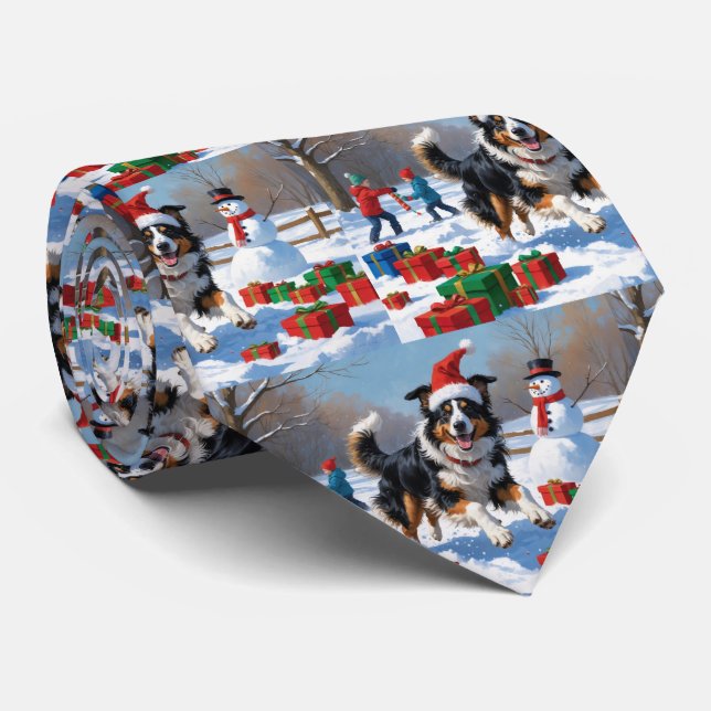 Rough Collie Running in Snow with Christmas Hat Tie (Rolled)