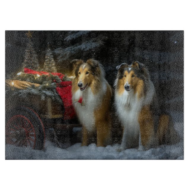 Rough Collie Snowy Sleigh Christmas Decor Cutting Board (Front)
