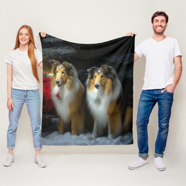 Rough Collie Snowy Sleigh Christmas Decor Fleece Blanket (In Situ)