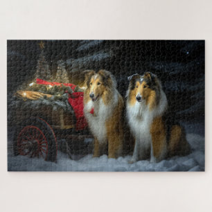 Rough Collie Snowy Sleigh Christmas Decor Jigsaw Puzzle