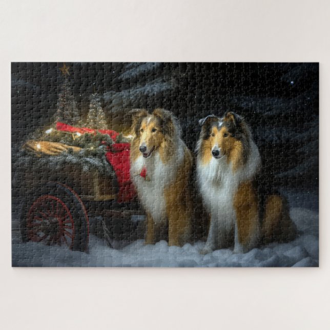 Rough Collie Snowy Sleigh Christmas Decor Jigsaw Puzzle (Horizontal)