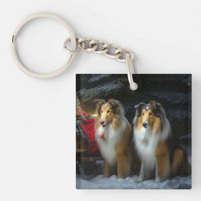 Rough Collie Snowy Sleigh Christmas Decor Key Ring (Front)
