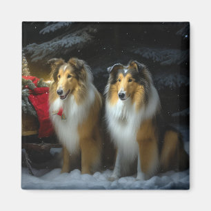 Rough Collie Snowy Sleigh Christmas Decor Magnet