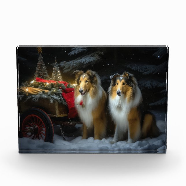 Rough Collie Snowy Sleigh Christmas Decor Photo Block (Front)