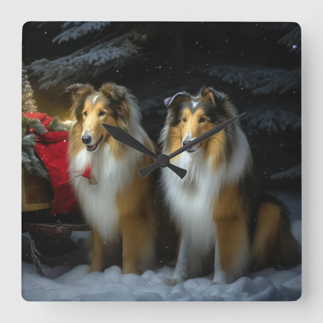Rough Collie Snowy Sleigh Christmas Decor Square Wall Clock (Front)