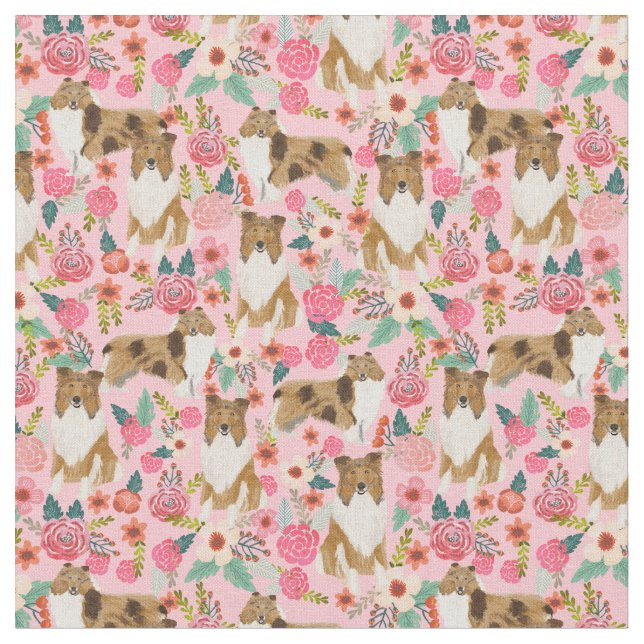 rough collie vintage florals pink fabric (Close Up)