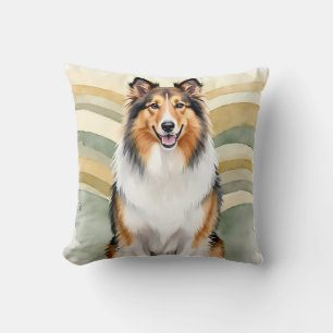 Rough Collie Watercolor Ribbon Wave Art Cushion