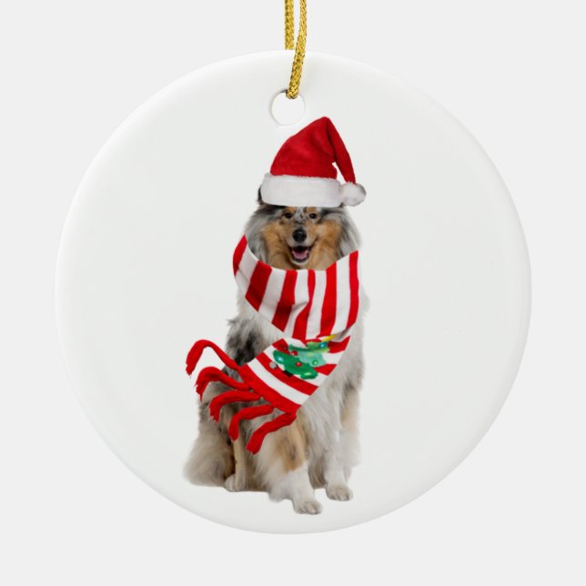 Rough Collie With Hat Scaft Christmas Ceramic Ornament (Front)