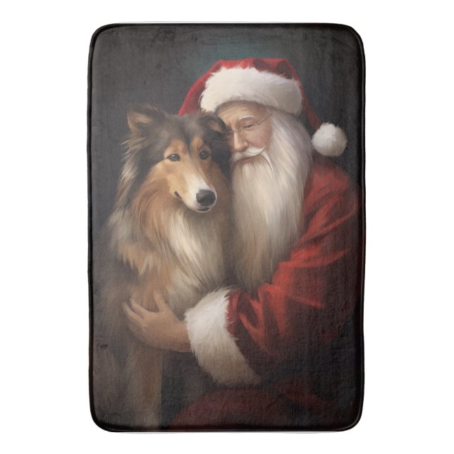 Rough Collie With Santa Claus Festive Christmas  Bath Mat (Front Vertical)