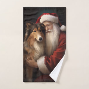 Rough Collie With Santa Claus Festive Christmas  Bath Towel Set