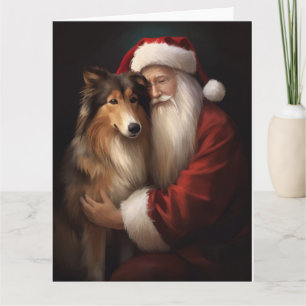 Rough Collie With Santa Claus Festive Christmas  Card