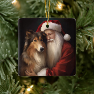 Rough Collie With Santa Claus Festive Christmas  Ceramic Ornament