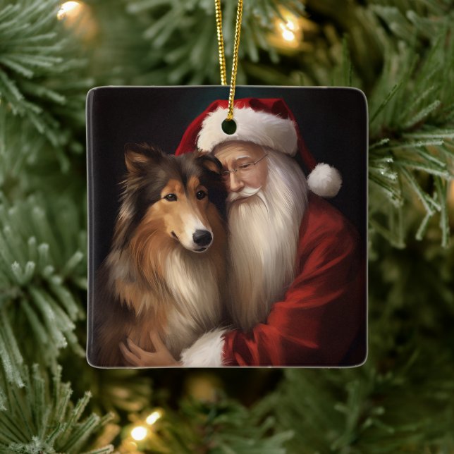 Rough Collie With Santa Claus Festive Christmas  Ceramic Ornament (Tree)