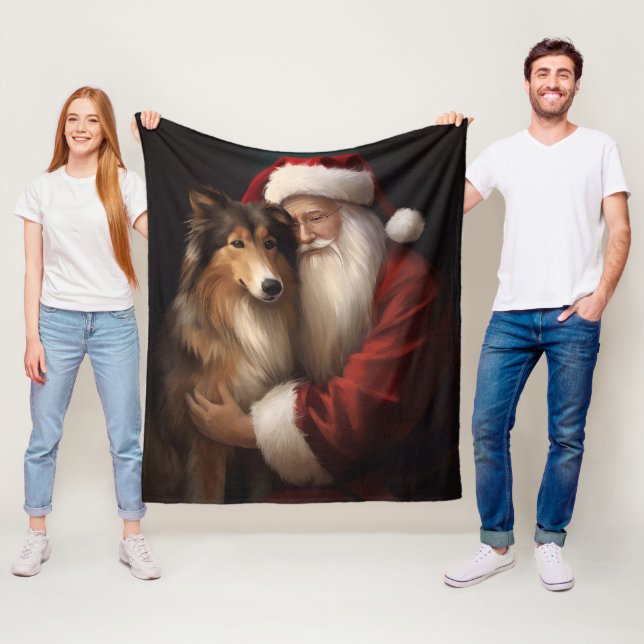 Rough Collie With Santa Claus Festive Christmas  Fleece Blanket (In Situ)