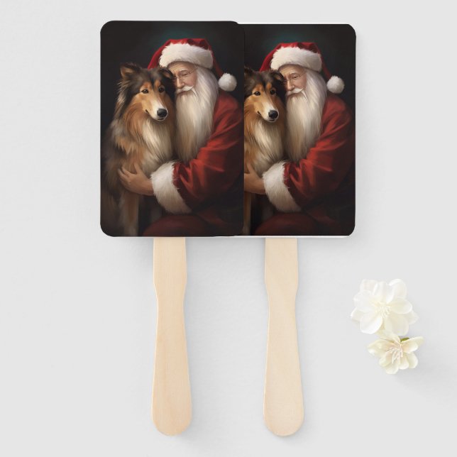 Rough Collie With Santa Claus Festive Christmas  Hand Fan (Front and Back)