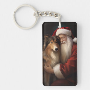 Rough Collie With Santa Claus Festive Christmas  Key Ring