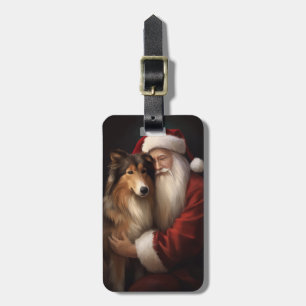 Rough Collie With Santa Claus Festive Christmas  Luggage Tag