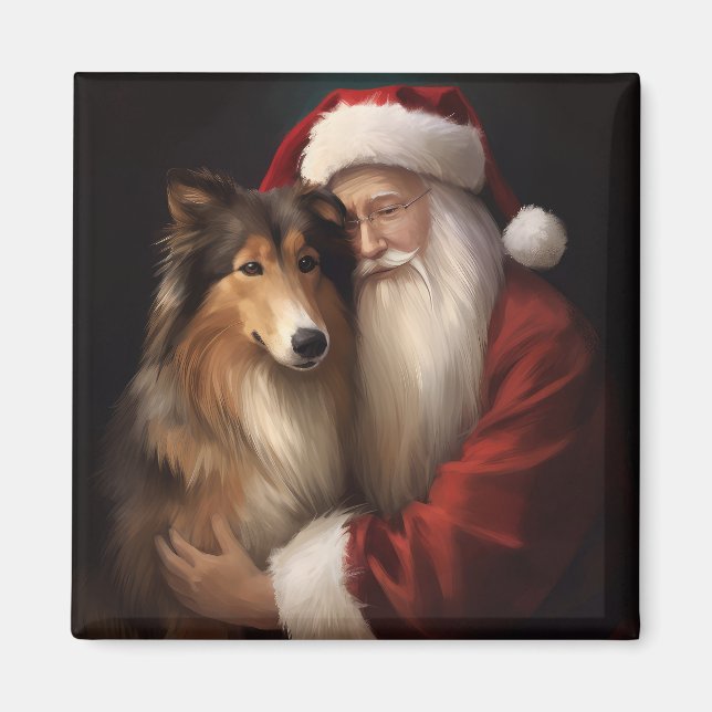 Rough Collie With Santa Claus Festive Christmas  Magnet (Front)