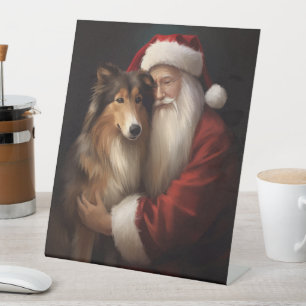 Rough Collie With Santa Claus Festive Christmas Pedestal Sign