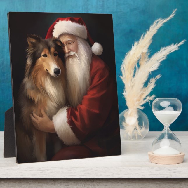Rough Collie With Santa Claus Festive Christmas  Plaque (Side)