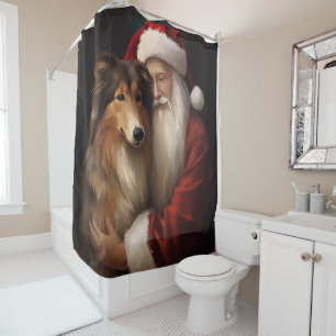 Rough Collie With Santa Claus Festive Christmas Shower Curtain