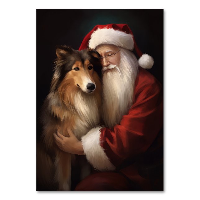 Rough Collie With Santa Claus Festive Christmas  Table Number (Front)