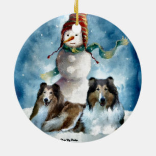 Rough Collie with Snowman Christmas Ceramic Ornament