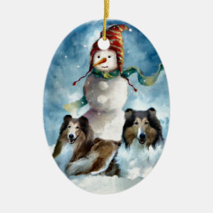 Rough Collie with Snowman Christmas Ceramic Tree Decoration