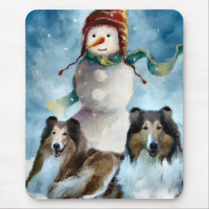 Rough Collie with Snowman Christmas Mouse Pad