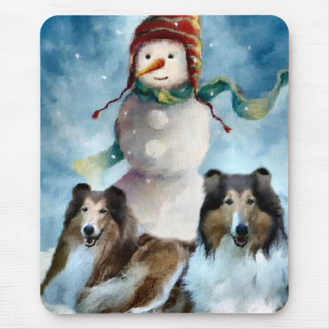 Rough Collie with Snowman Christmas Mouse Pad (Front)