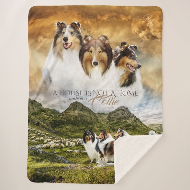 Rough Collies Herding Sheep, w/ Portrait & Quote - Sherpa Blanket (Front)