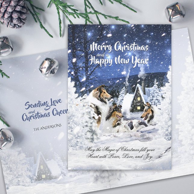 Rough Collies & Lambs in Magic Christmas Night - H Holiday Card (Creator Uploaded)