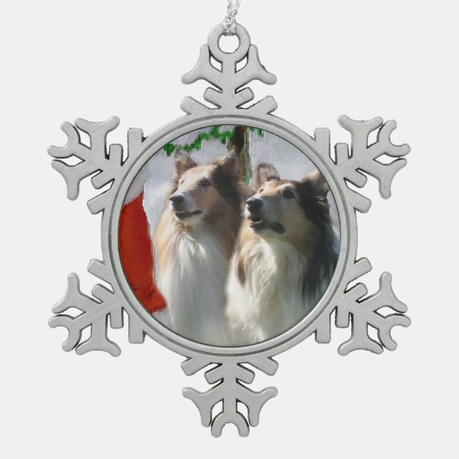 Rough Collies Meet Santa   Christmas Snowflake Pewter Christmas Ornament (Front)