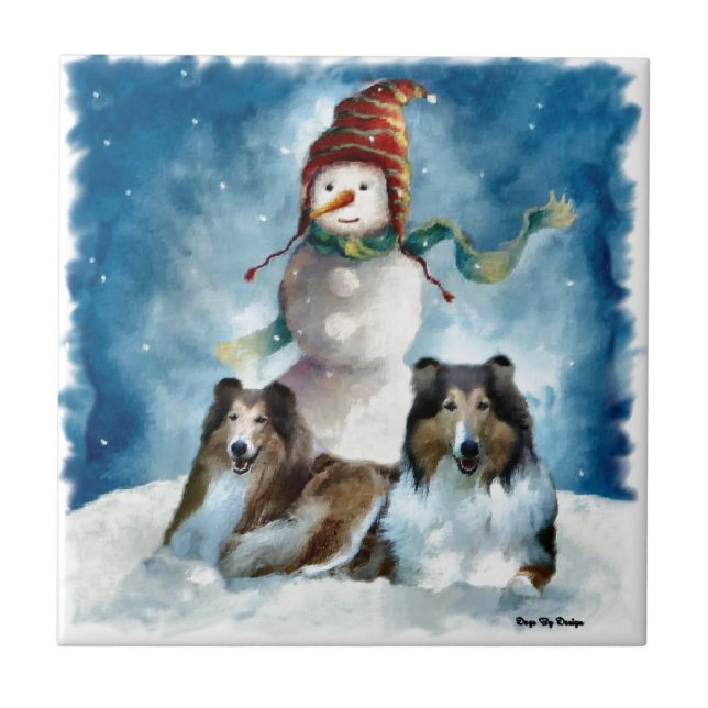 Rough Collies with Snowman Christmas Ceramic Tile (Front)