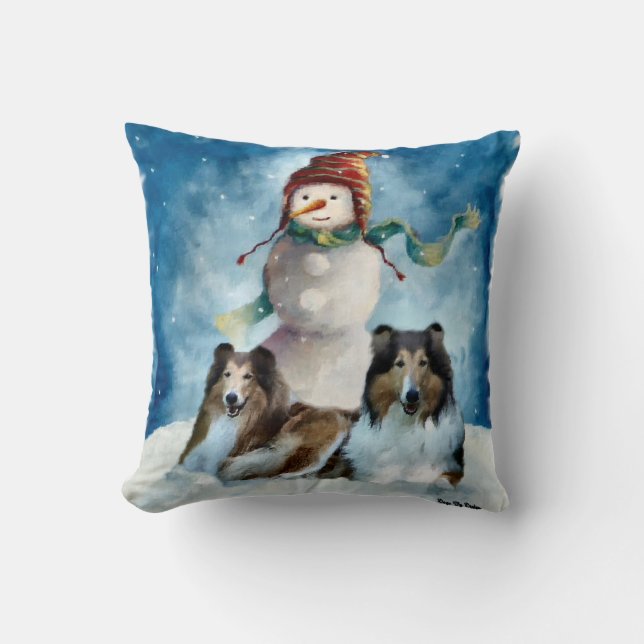 Rough Collies with Snowman Christmas Cushion (Front)
