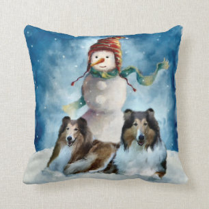 Rough Collies with Snowman Christmas Cushion