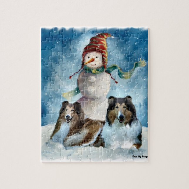 Rough Collies with Snowman Christmas  Jigsaw Puzzle (Vertical)
