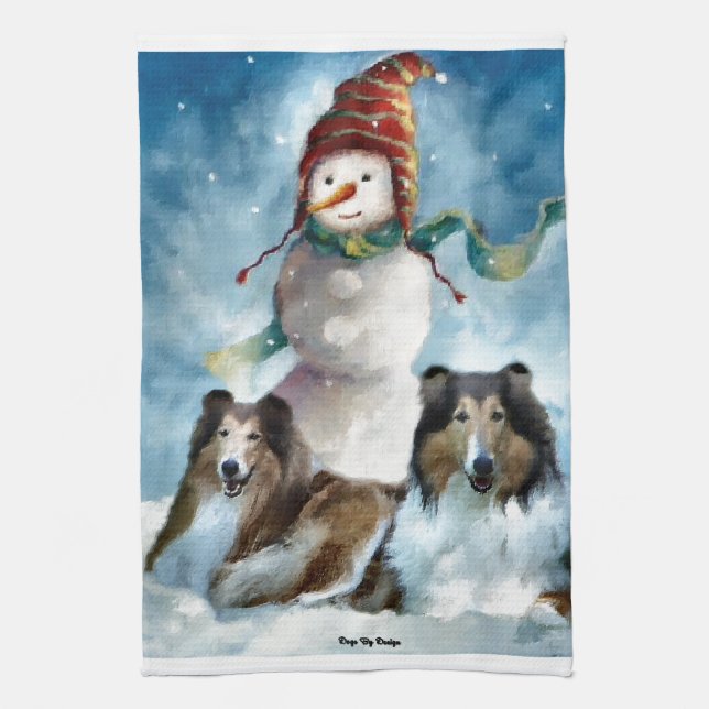 Rough Collies with Snowman Christmas Tea Towel (Vertical)